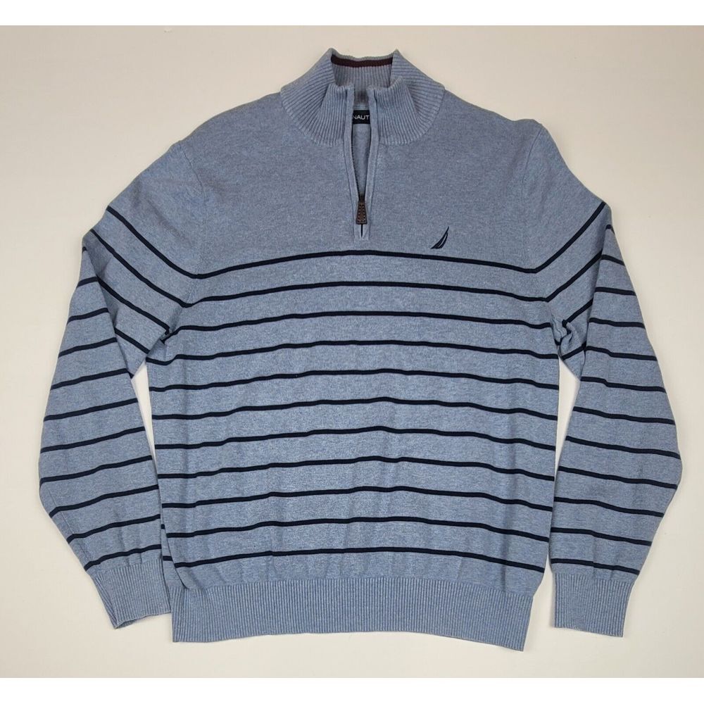 Nautica Sweater Mens‎ Large. Vintage Qt. Zip Striped Blue Pullover Longsleeve.